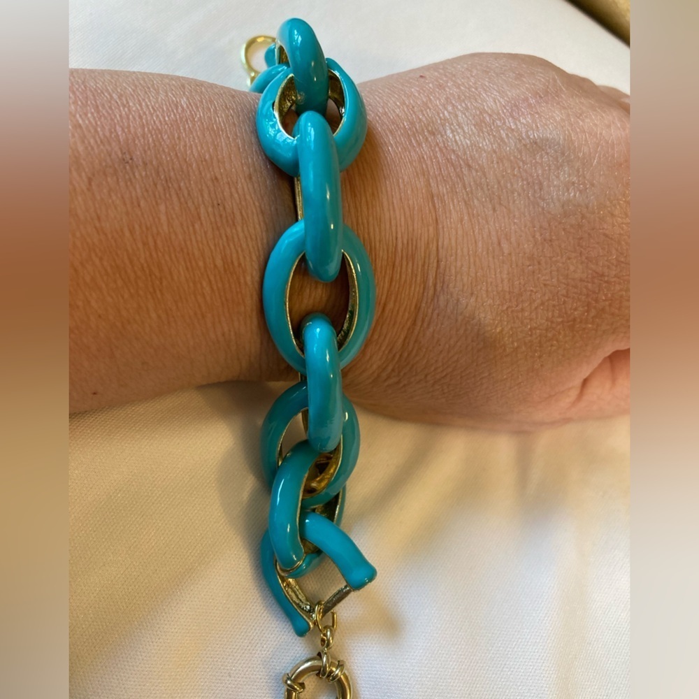 Blue Enameled Chunky Chain Link Bracelet Toggle Clasp